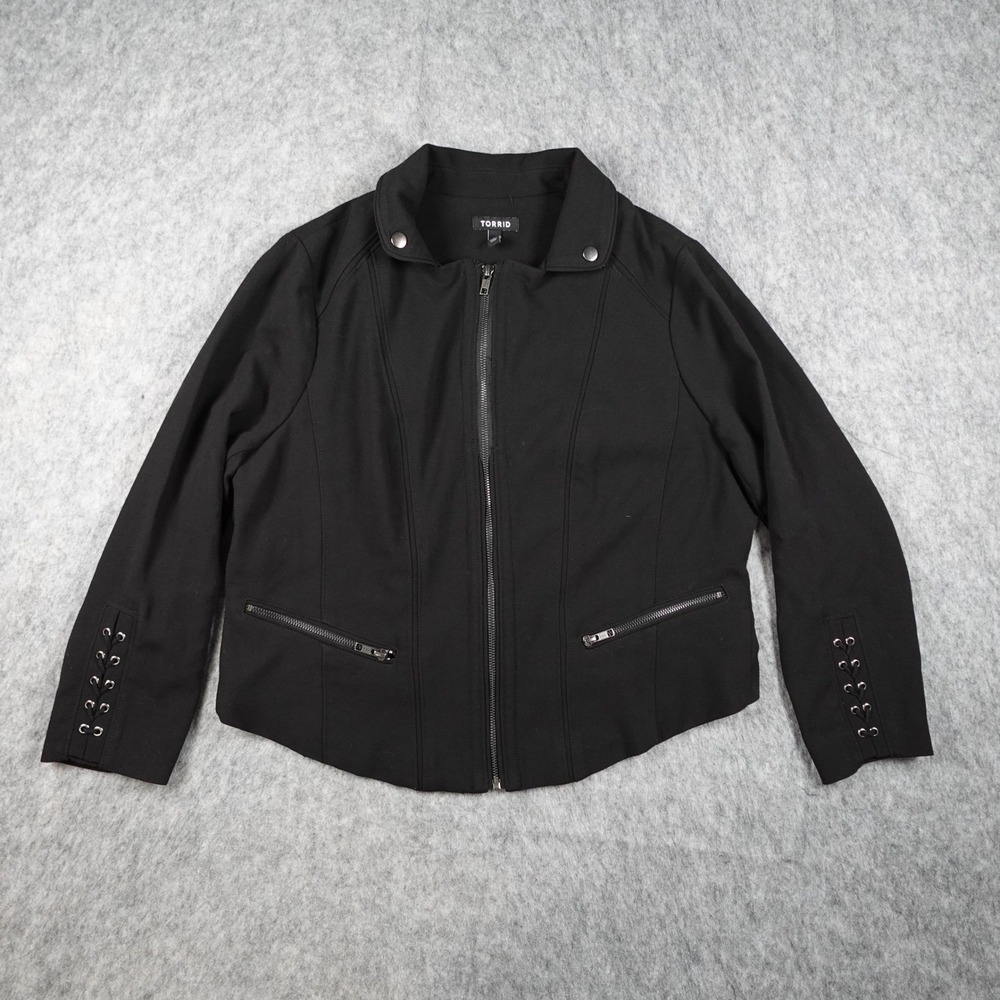 Torrid Jacket Women 1X Black Moto Zip Up Lace Up Cuff Edgy Stretch Ponte